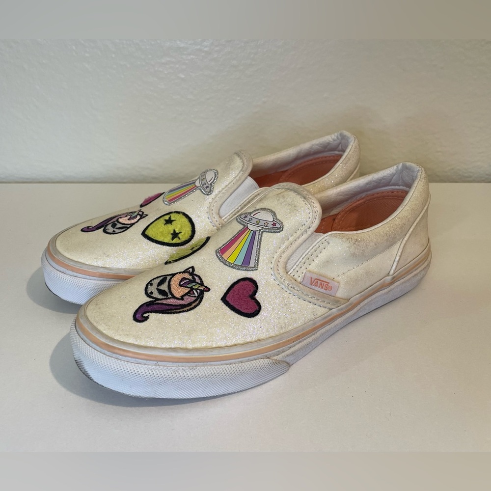 Vans Kid’s Unicorn Alien Glitter Classic Slip-On Sneakers Patches Size 3